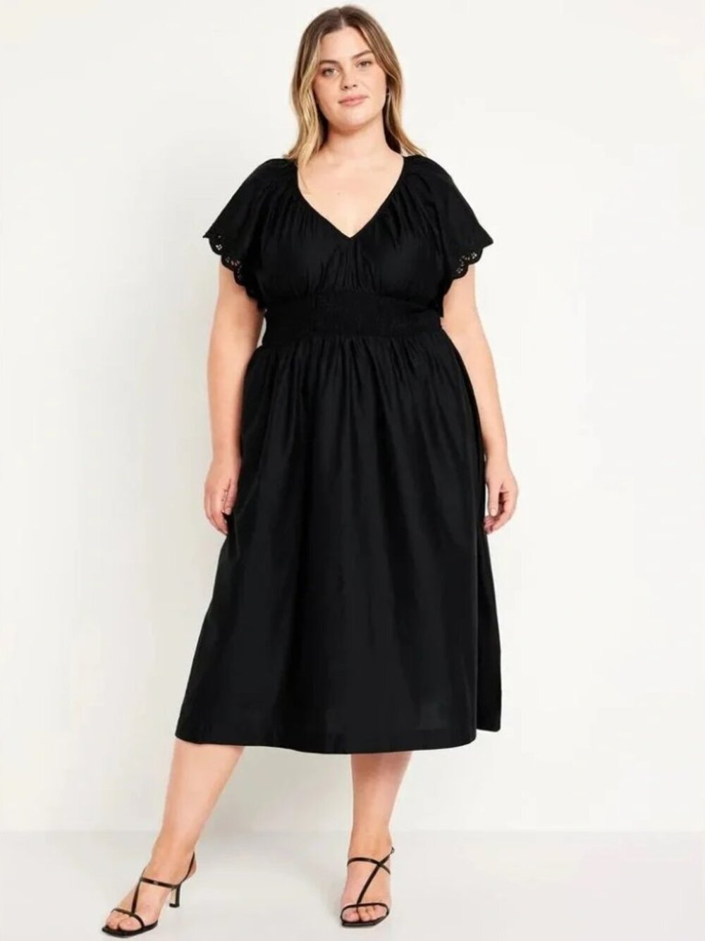 Old Navy Waist-Defined Smocked Lace Sleeve Midi Dress in Black Size XL Tall